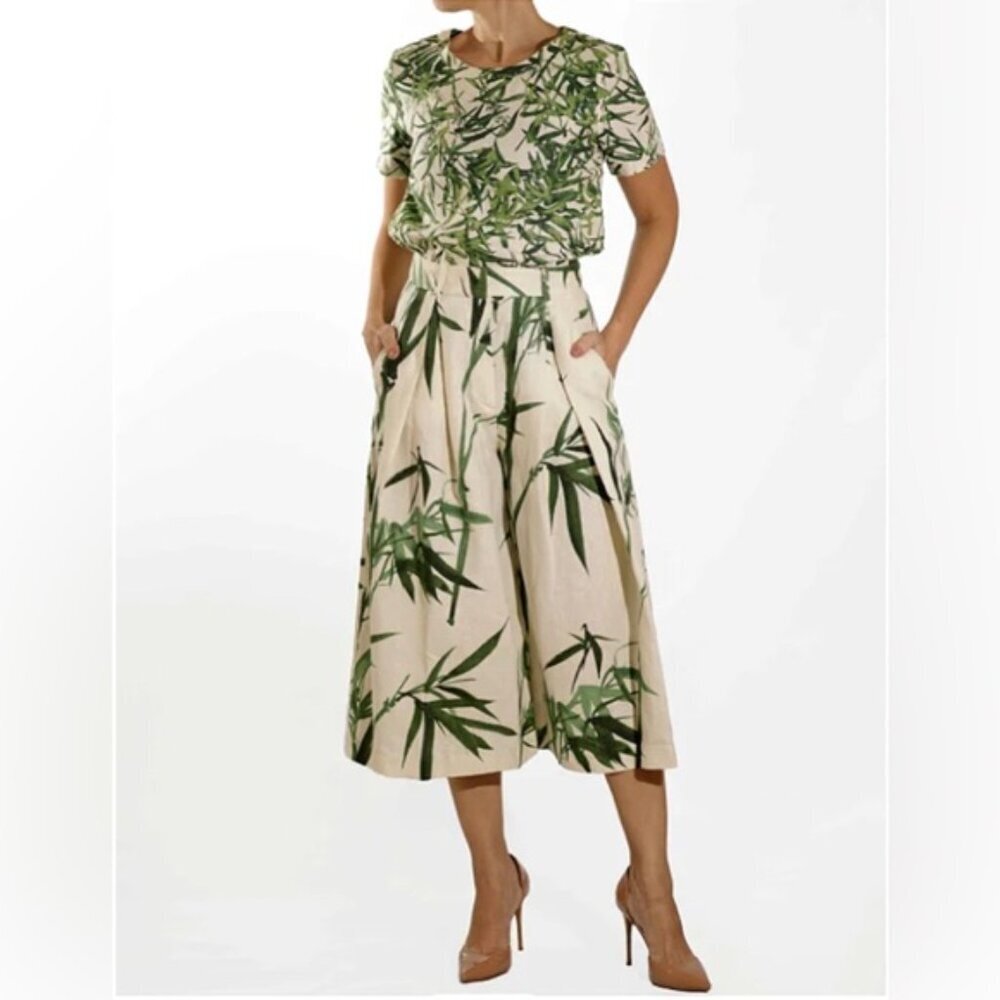 Massimo Dutti Top Women's Size 10 US Tan Linen Tropical Print Short Sleeve Crop - Picture 6 of 13